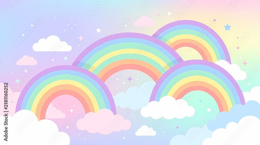 Obraz premium Colorful rainbows arching over fluffy clouds in a pastel sky.