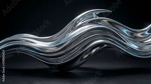 A twisted metallic sculpture flows like liquid silver against a dark background.