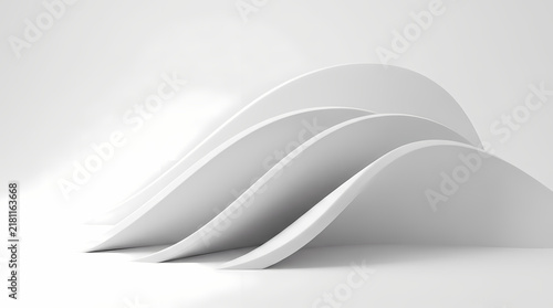Gentle white waves are formed by layered curved surfaces in a bright studio.