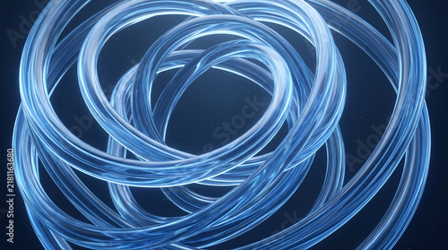 A dense cluster of transparent blue tubes forms an intricate, swirling knot.