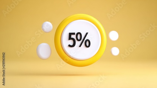 3D render of a 5% discount symbol with floating spheres on yellow background