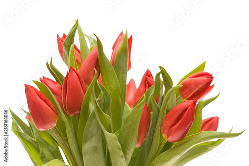 Foto Bright red tulips with green stems and leaves arranged in a natural bouquet