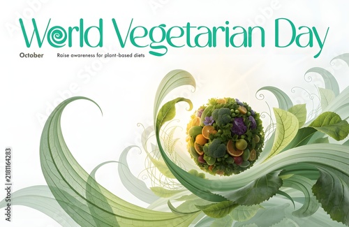 Creative world vegetarian day design featuring a vegetable globe surrounded by swirling organic plant leaves plant based vegan lifestyle
