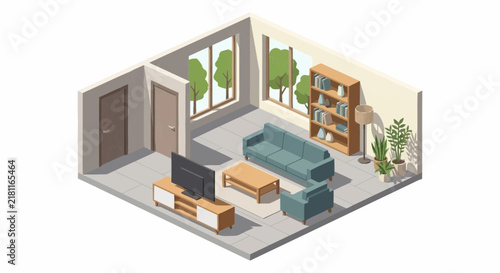 Isometric living room interior design featuring modern sofa, armchair, coffee table, television, bookcase, and large windows.