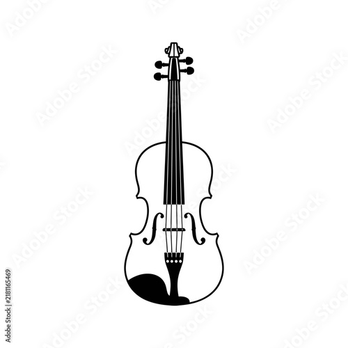 Black and white line art illustration of a violin