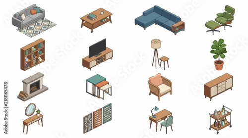 Furniture set containing various isometric interior objects includes sofas, tables, lamps, plants, and storage units isolated on a plain background.