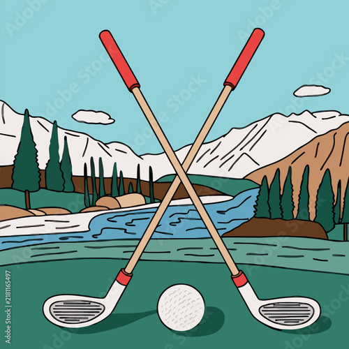 Golf clubs and ball on a beautiful green course landscape