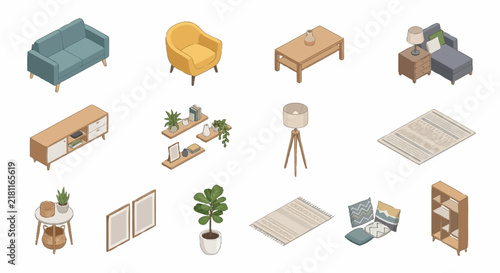 Living room furniture vector icons set featuring couch, yellow armchair, coffee table, and home decorations.