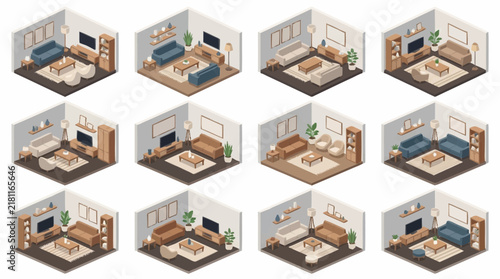 Isometric interior collection displays twelve different living room designs with various furniture setups and color schemes.
