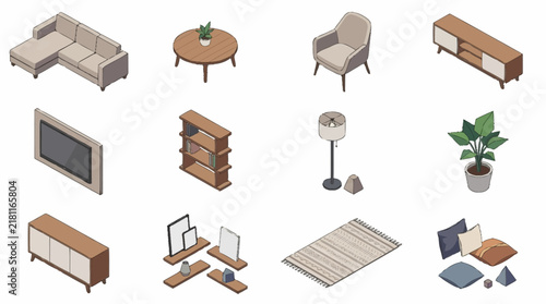 Modern living room furniture pieces and accessories organized neatly as isolated isometric vector elements.