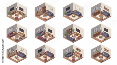 Isometric living room layout variations display diverse furniture arrangements, color palettes, and modern decor options.
