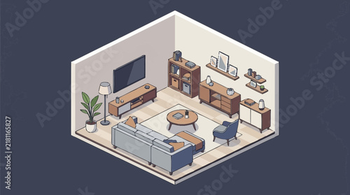 Living room interior in modern isometric style features comfortable sofa seating, television stand, and wooden shelving.