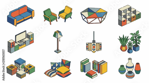 Modern furniture icons set includes isometric seating, retro lighting, modular shelving, potted plants, books, and ceramic vases.