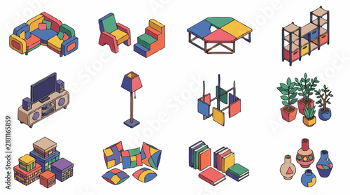 Isometric furniture icons set features colorful modern interior living room elements including sofa, armchair, table, shelves, and decor on a white background.