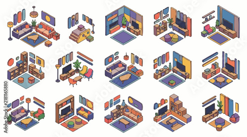 Living room isometric interior modules display varied colorful layouts with sofas, television stands, and contemporary home furnishings.