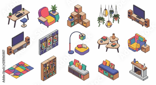Furniture collection with colorful modern design showcases isometric elements for stylish home interior decoration.