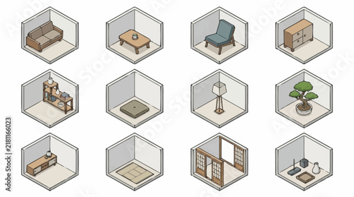Isometric interior furniture items are organized neatly inside individual modular room containers for home design.