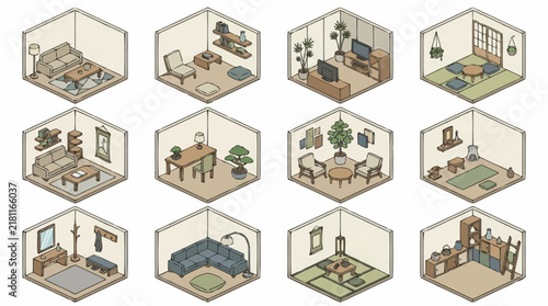 Isometric room interior layouts showcase diverse cozy modern and traditional Japanese living spaces with furniture.