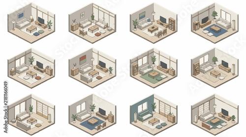 Isometric living room interior collection displays twelve distinct architectural room layout variations with diverse furniture sets and color palettes.