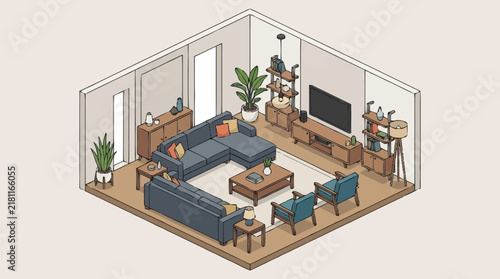 Isometric living room design presents a spacious seating arrangement with blue upholstered couches, armchairs, wooden storage cabinets, and potted greenery.