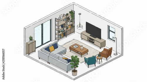 Contemporary living room layout with isometric perspective showcases a gray modular sofa, open shelving unit, television set, and colorful accent chairs.