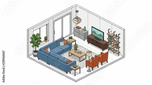 Living room isometric vector illustration features a modern interior layout complete with a blue sectional sofa and TV unit.