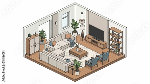 Modern living room interior features a sectional sofa, coffee table, entertainment center, and decorative indoor plants in an isometric cutaway view.