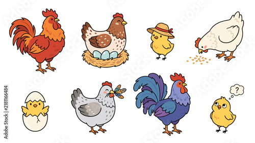 Cute farm chicken and chick character collection with colorful hand drawn poultry vector illustrations