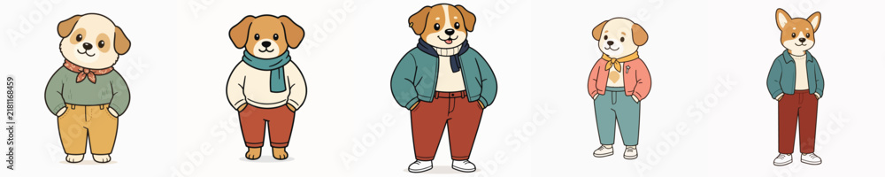Fototapeta premium A set of cute and adorable vector dogs in trendy outfits, posing while standing with their hands in their pockets.
