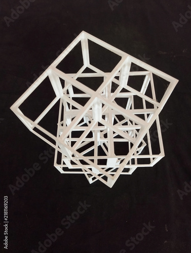 Canvastavla Geometric Cube Structure Sculpture - White 3D Printed Object on Black Background