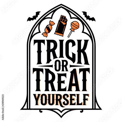 Trick or treat yourself halloween graphic with candy and bats illustration