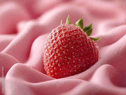 Fresh Red Strawberry Nestled in Soft Pink Fabric