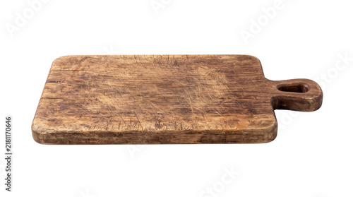 Obraz na plátně Rustic wooden cutting board with handle, weathered brown timber serving tray, vi