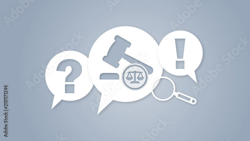 Foto A conceptual legal representation featuring law symbols like a judge gavel, scales of justice, a question mark, an exclamation mark, and a magnifying glass for justice and investigation