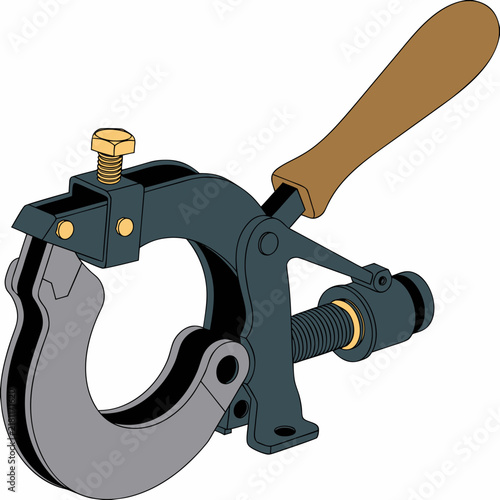 Industrial toggle clamp vector illustration, heavy duty metal clamping tool with wooden handle, mechanical workshop equipment