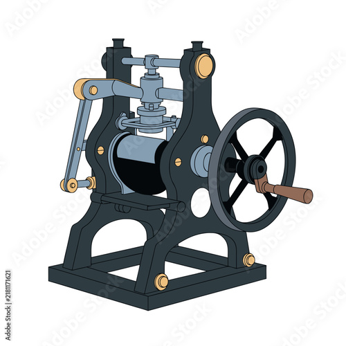 Vintage industrial printing press vector, antique mechanical iron machine with hand crank, retro factory equipment illustration