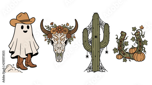 Cowboy Western Ghost Cactus Skull Boots Halloween Pumpkin Bull Horns Spooky Boho Desert Wild Vector Illustration