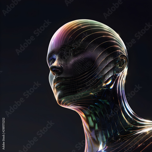 Futuristic humanoid head made of glowing digital particles
