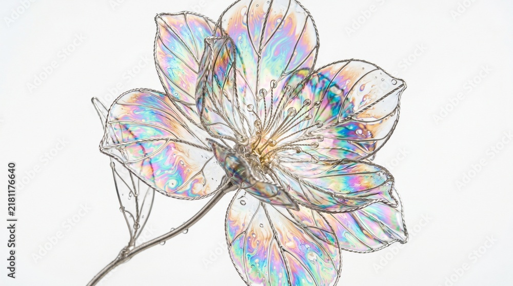 Fototapeta premium Iridescent wire flower sculpture featuring thin metallic petals with rainbow soap film textures captured in bright macro photography artistic detail