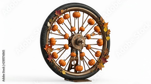 Bicycle wheel decorated with small pumpkins and autumn leaves