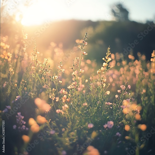 Golden Hour Glow on a Wildflower Meadow with Sun Flare.