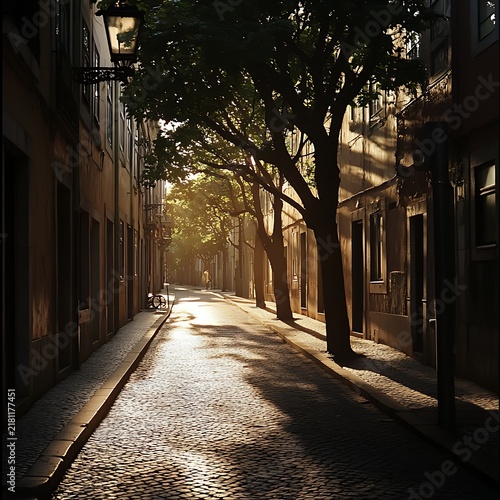 Golden Sunlight Streaming Down a Cobblestone Alley in an Old European Town.