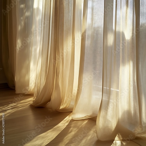Golden Sunlight Streaming Through Sheer Curtains on Wooden Floor.