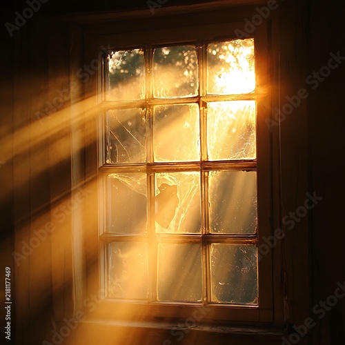 Golden Sunlight Streaming Through Window Illuminating Interior Space.