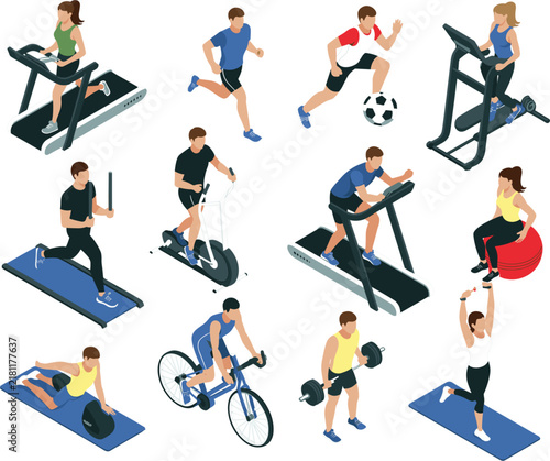 Isometric gym workout set with people training on fitness equipment, active healthy lifestyle vector illustration