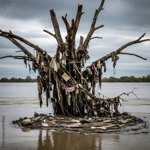 A Polluted Tree Submerged in Water, Laden with Trash and Debris, Symbolizing Environmental Damage