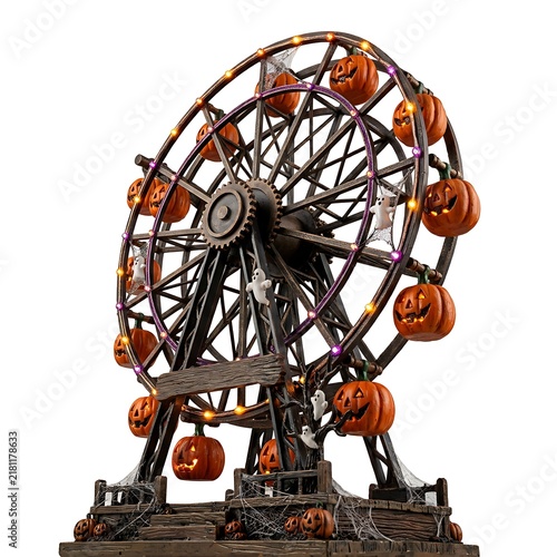 Spooky halloween ferris wheel decoration with glowing pumpkins isolated on white background
