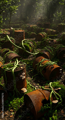 Rusty industrial barrels lie abandoned and overgrown in a lush, green forest, a stark testament to environmental neglect and nature's enduring power to reclaim