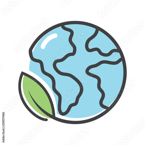 Outline eco friendly earth globe with leaf icon.