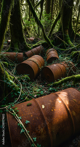 Rusty metal barrels abandoned in a dense mossy forest, symbolizing pollution and environmental waste